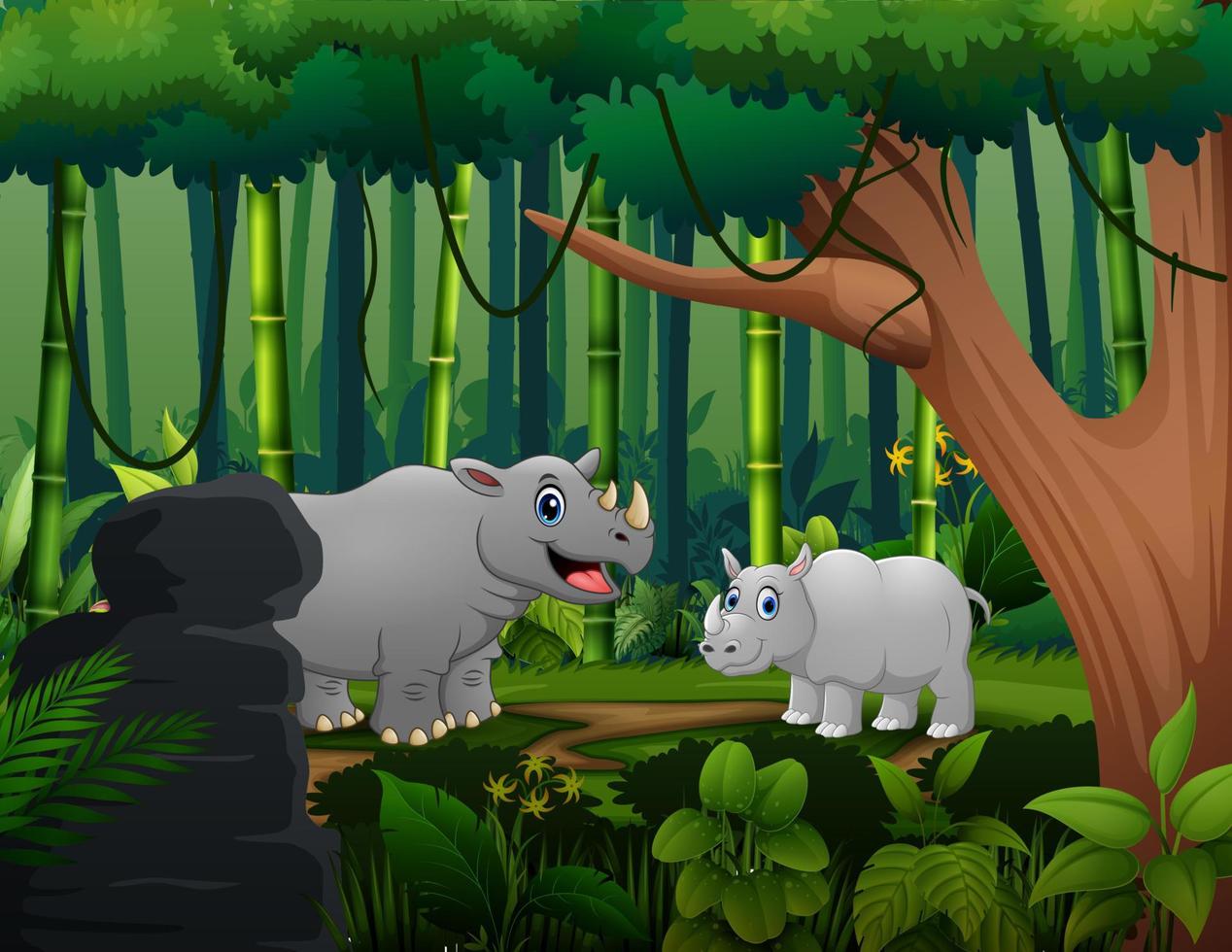 un rinoceronte y su cachorro en medio del bosque vector