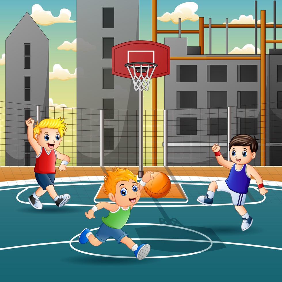 Cartoon kids playing basketball on the court vector