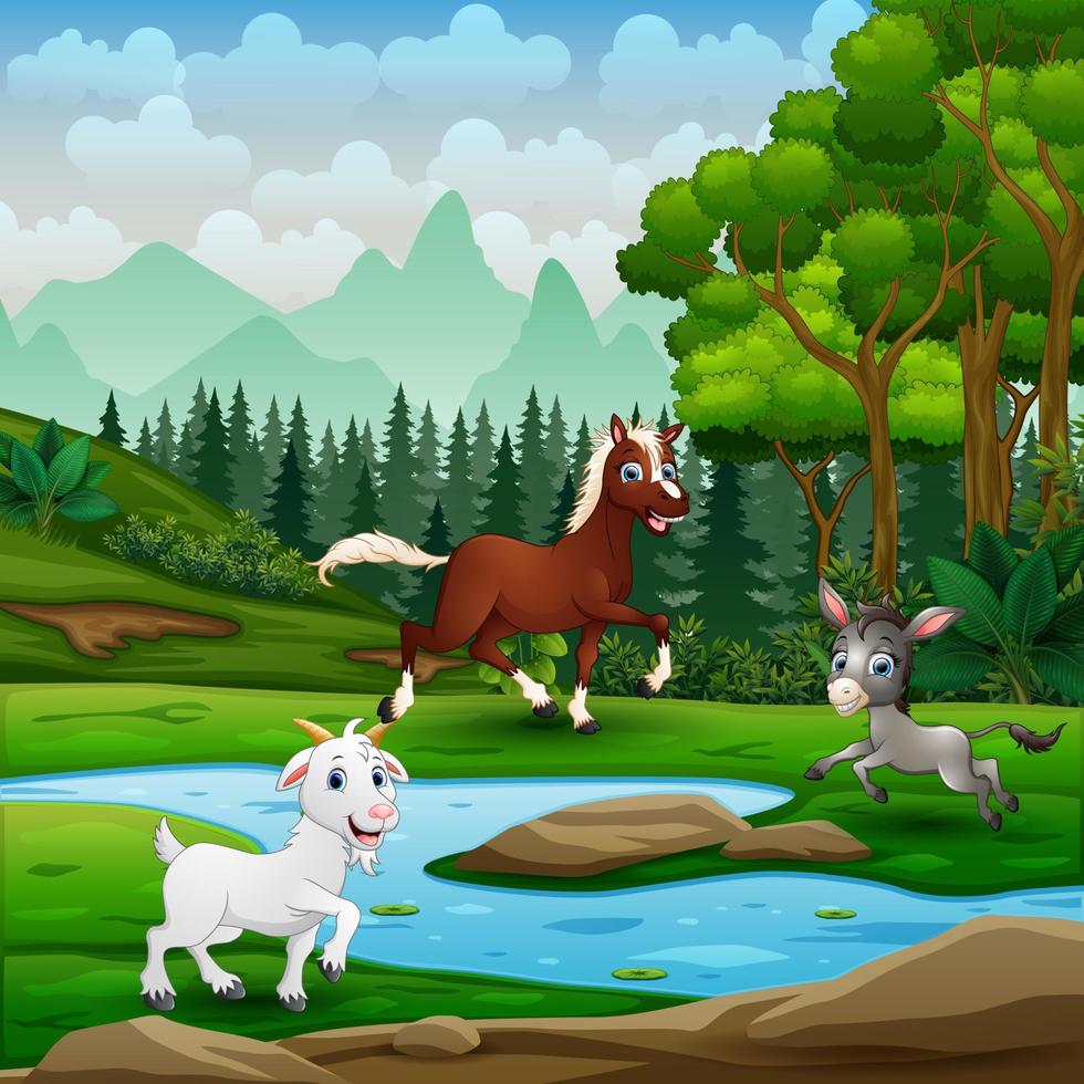 Happy farm animals playing in the green land vector