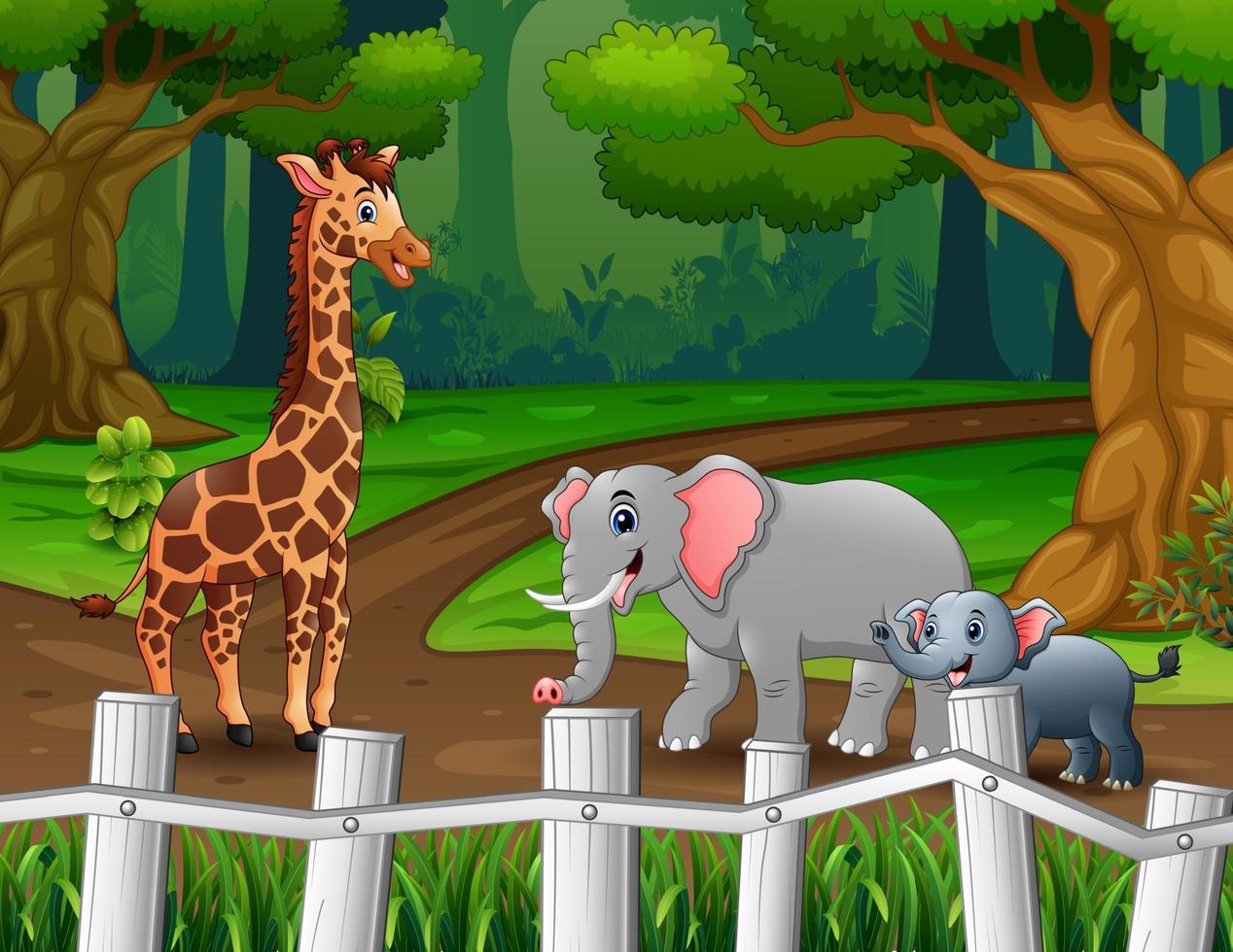 Illustration of giraffe and elephants walking in the forest vector
