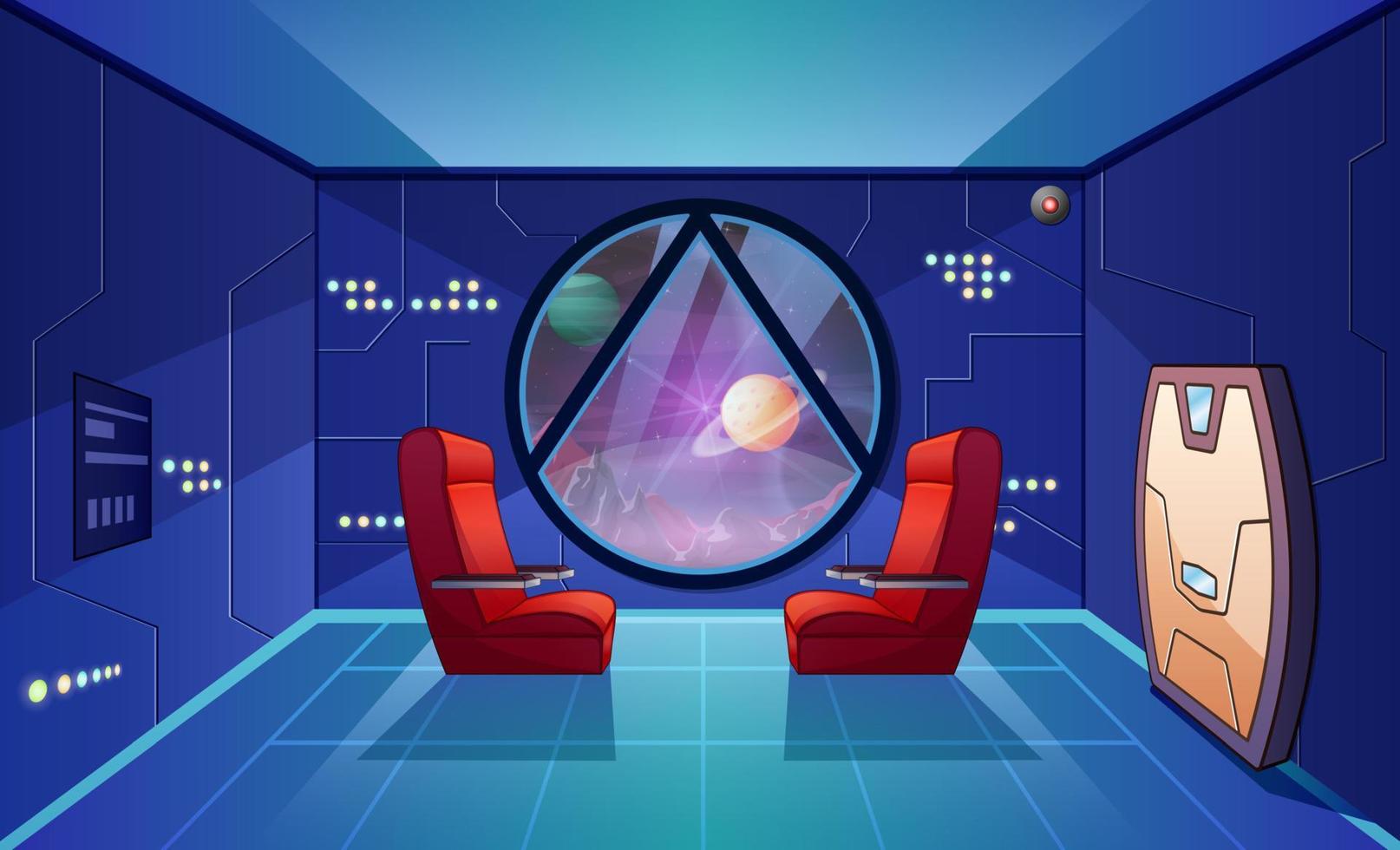 Chairs at shuttle window with view of other planets vector