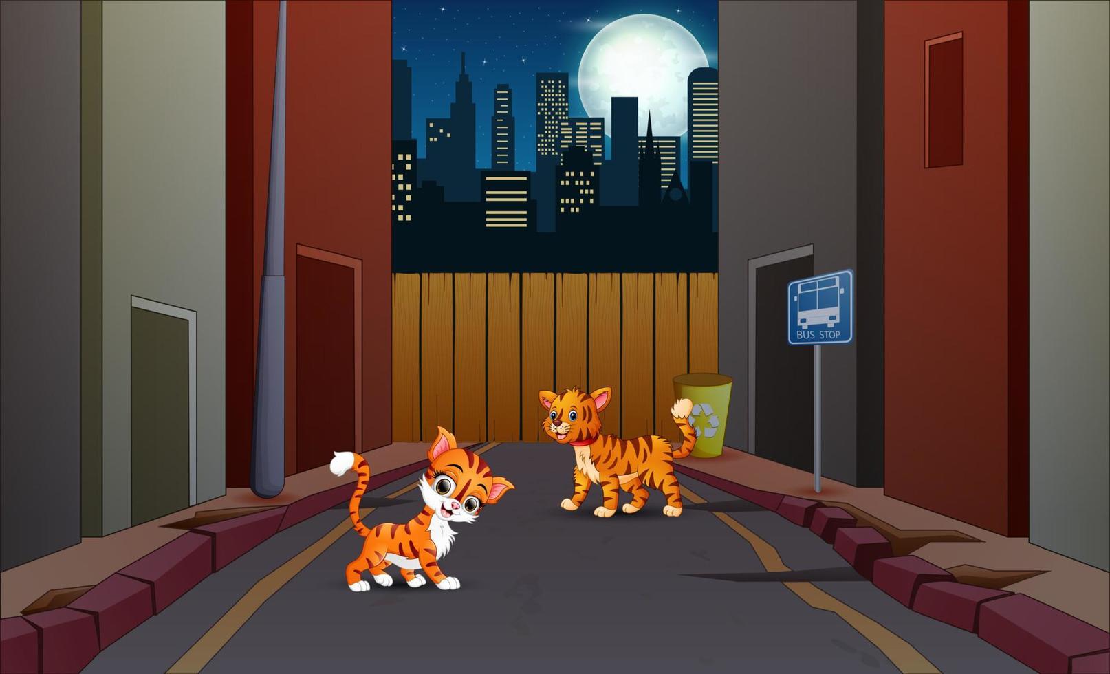 Night urban landscape with two cats on the street vector