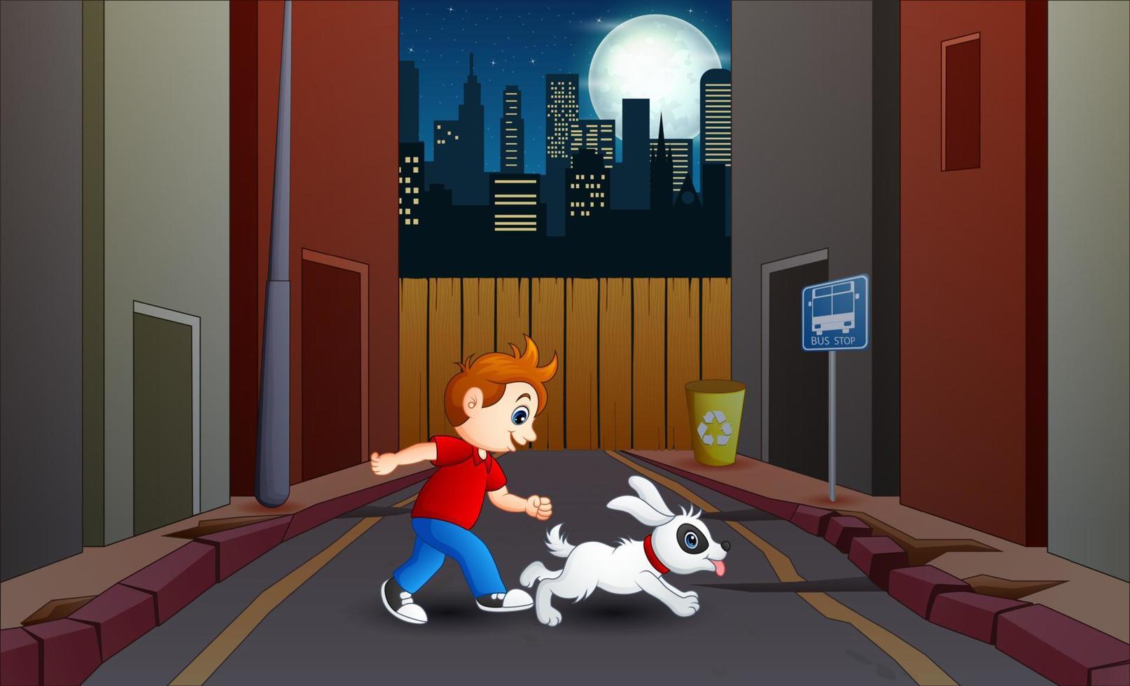 caricatura de un niño caminando con su perro por la noche vector