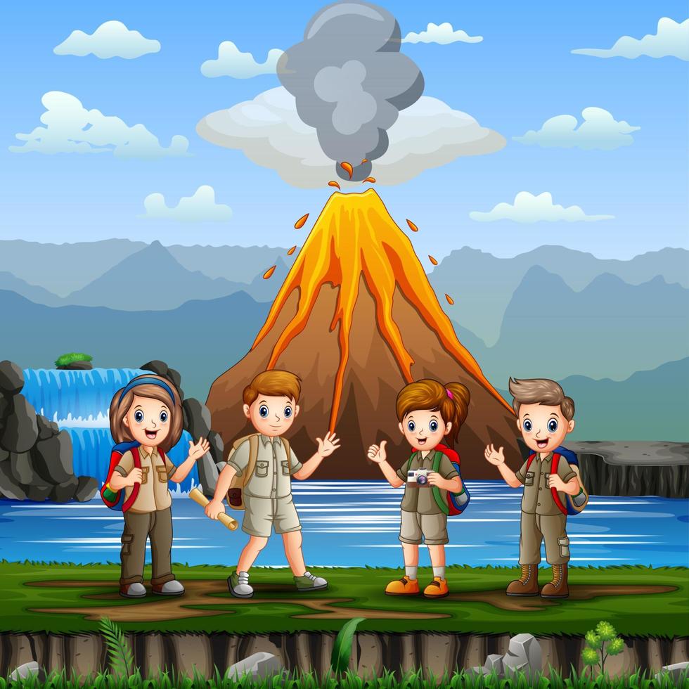 Nature scene with group of scouts and volcano erupt illustration vector