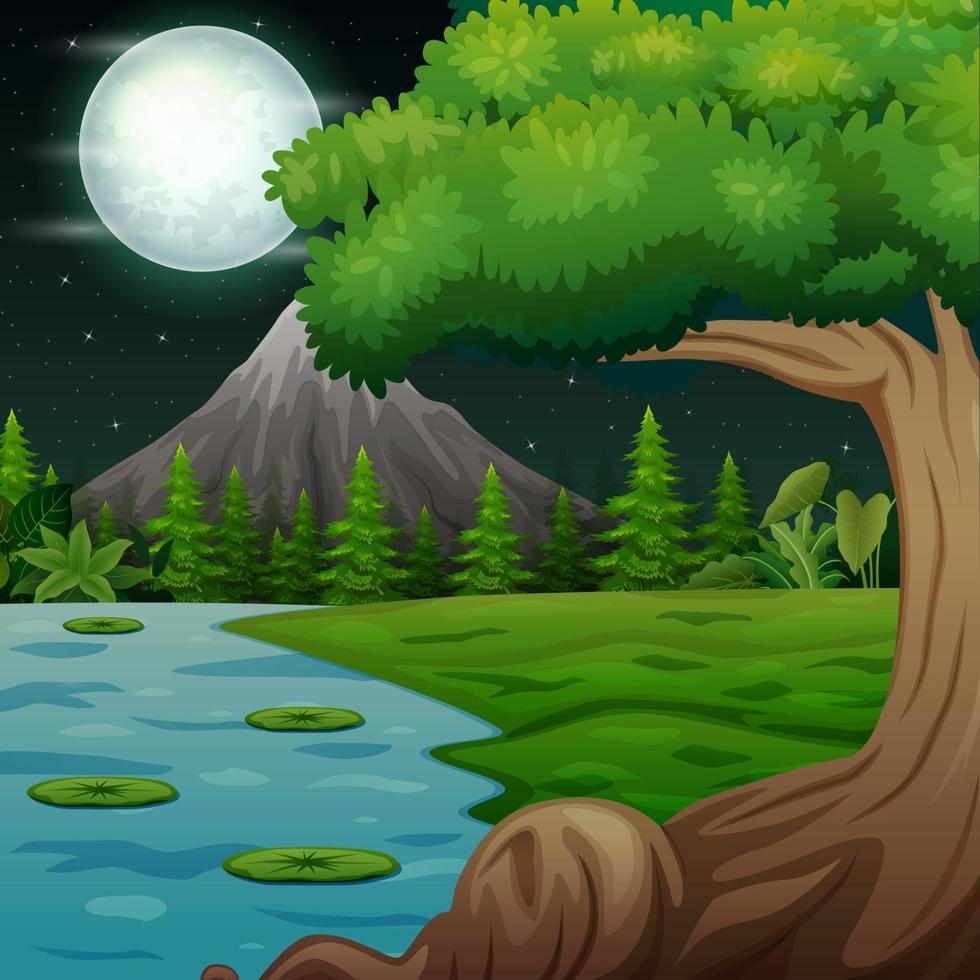 paisaje tropical con un río y una montaña en la noche vector