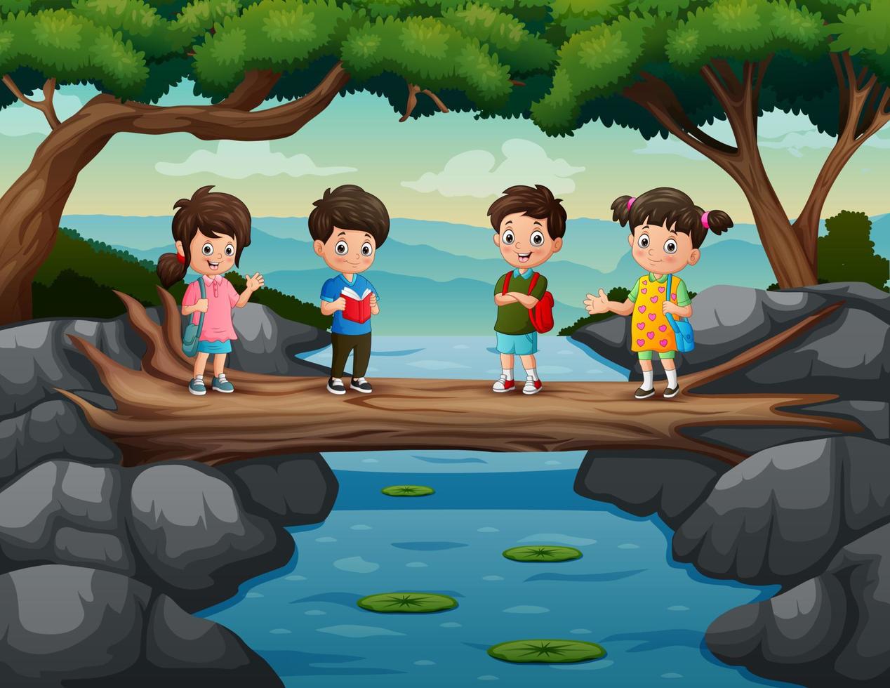 niños lindos cruzan el río en el puente del tronco del árbol vector
