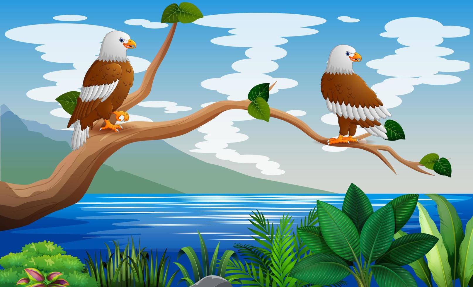 Two eagles perched on a tree branch vector