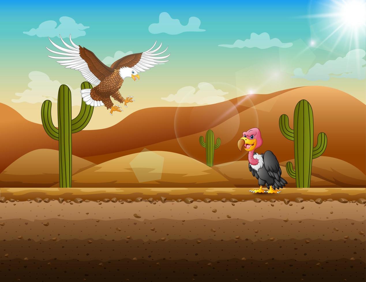 paisaje desértico con ilustración de águila y buitre vector