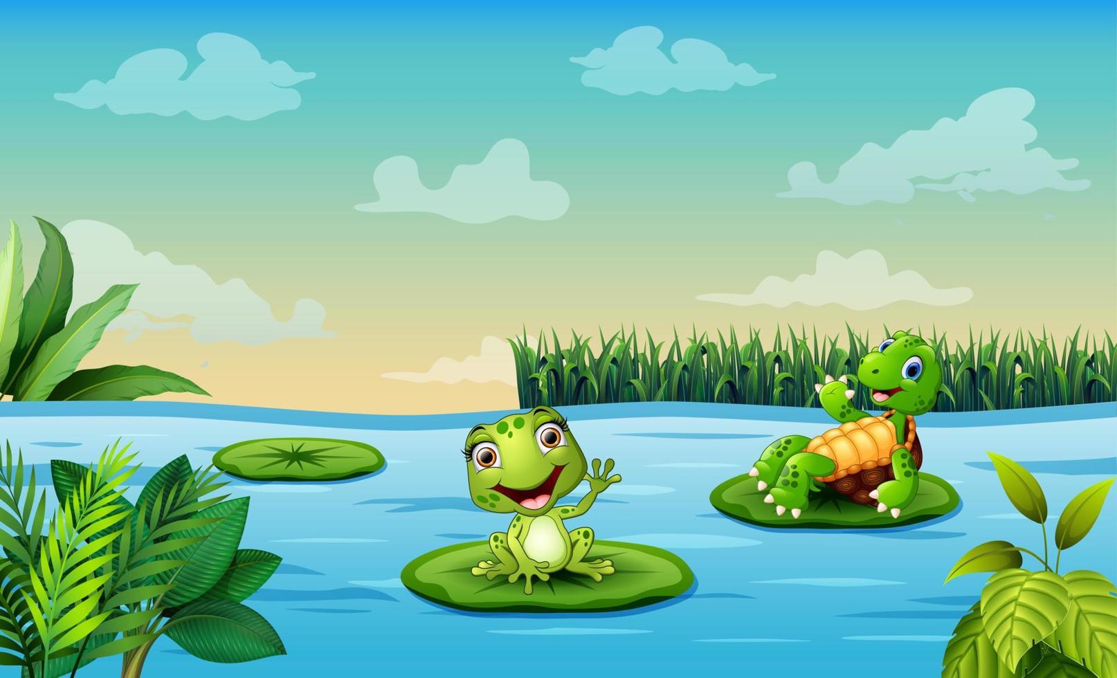 Illustration of a pond scene with frog and turtle sits on the lotus vector