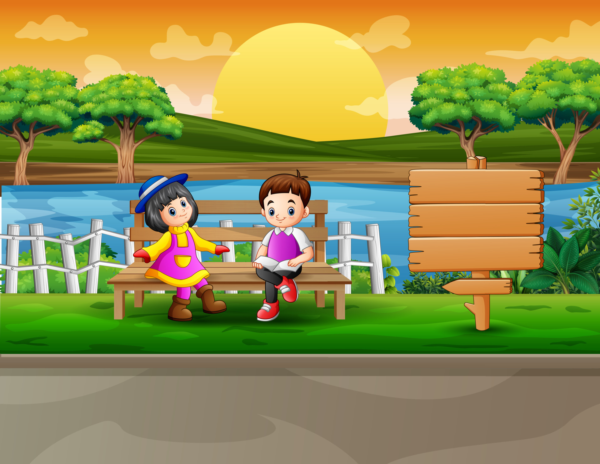 Cartoon two smart kids reading a book on a chair with nature background  6951182 Vector Art at Vecteezy
