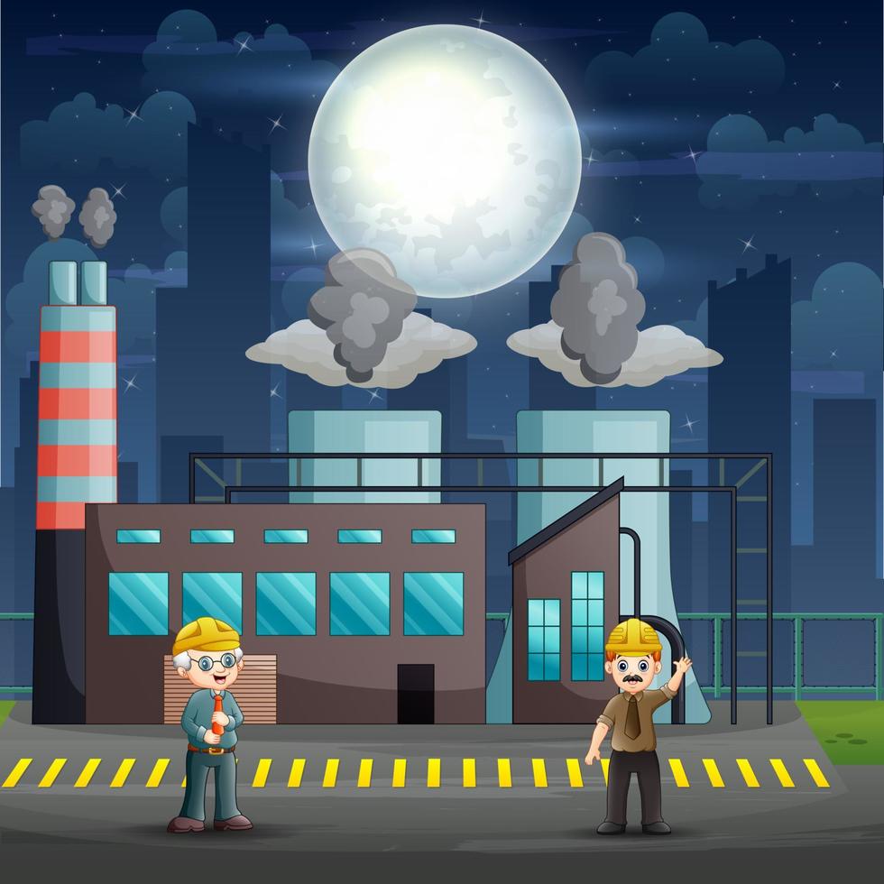 Male workers standing in front of the factory building vector