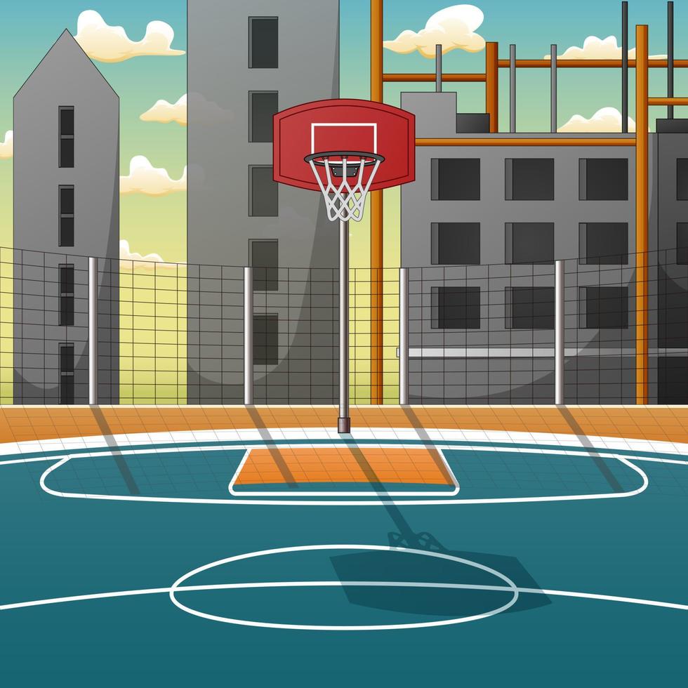 fondo de dibujos animados de la cancha de baloncesto en la ciudad vector