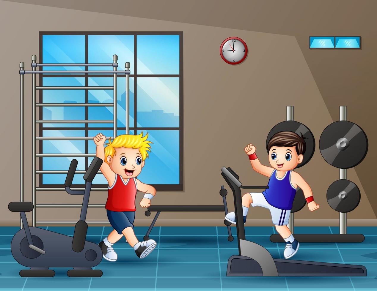 ilustración de dibujos animados de niños felices en el gimnasio vector