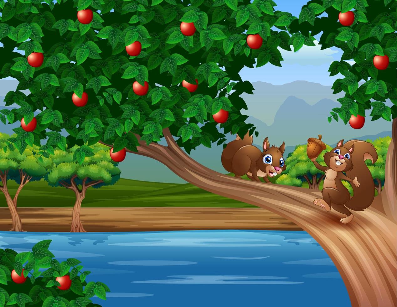 Cartoon illustration a cute squirrels on the apple tree vector