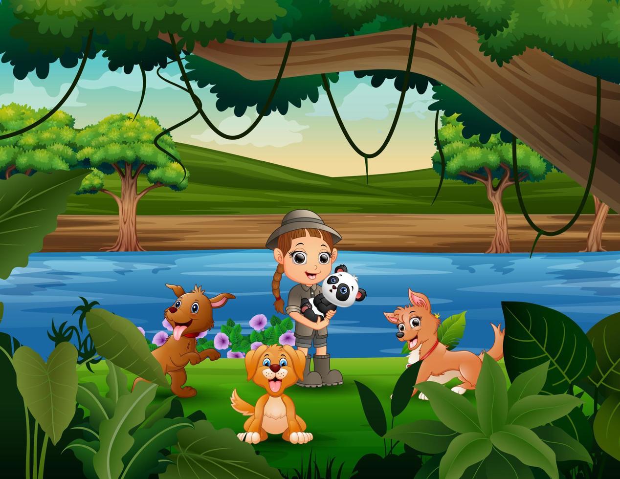 Happy zookeeper girl with animal in the jungle vector