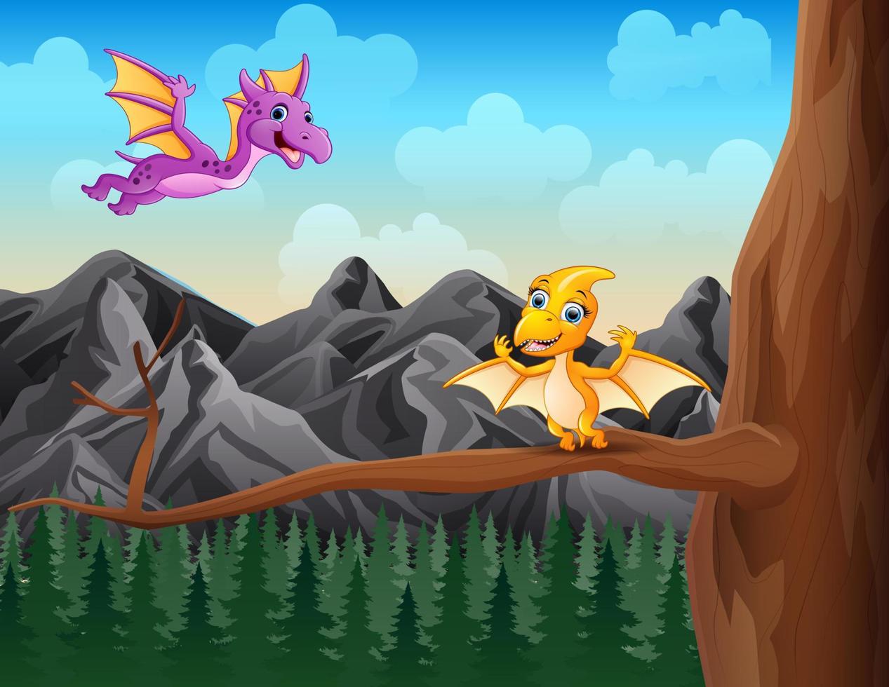 Funny pterodactyl flies over the tree in the mountain background vector