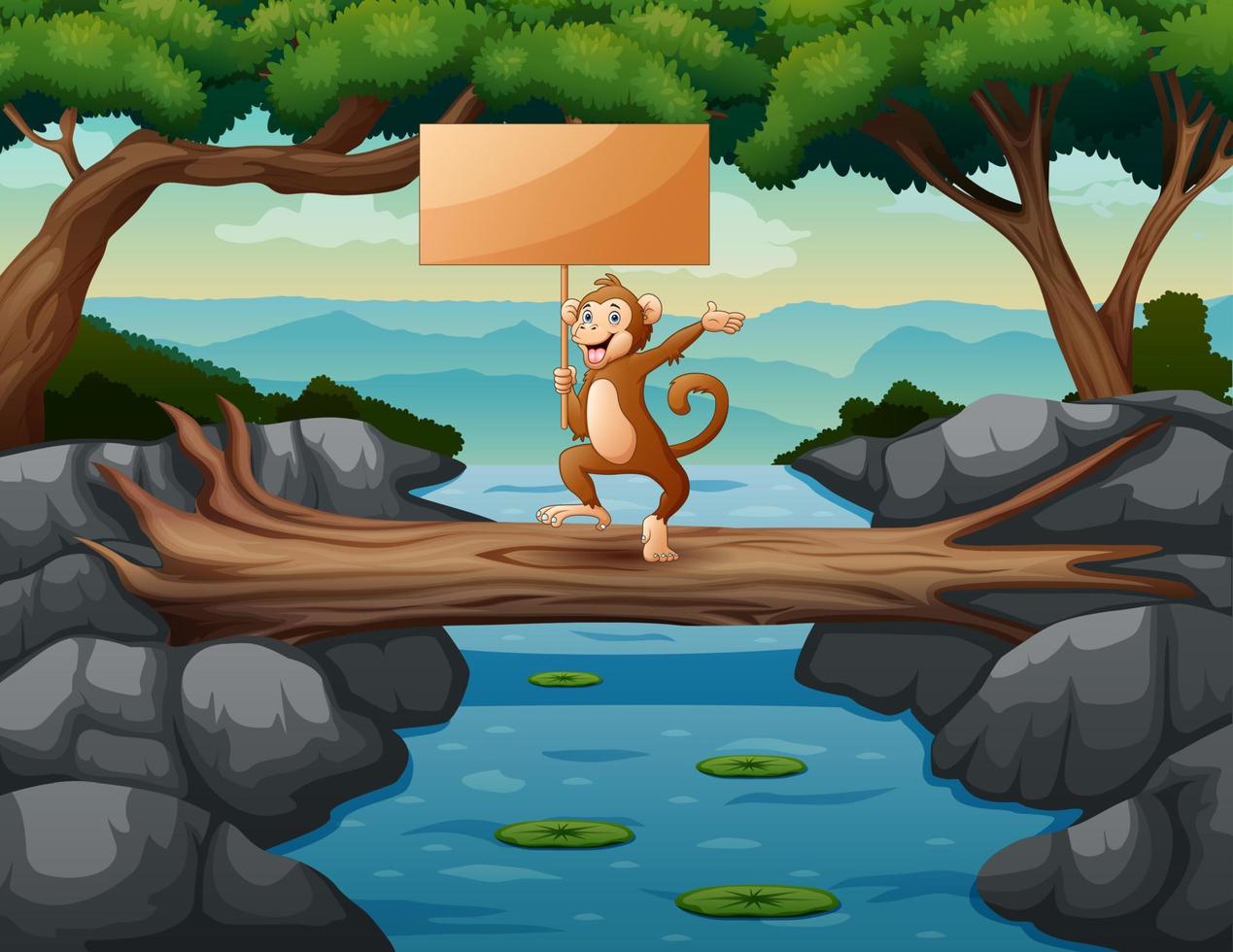 Funny a monkey holding wooden sign on the trunk vector