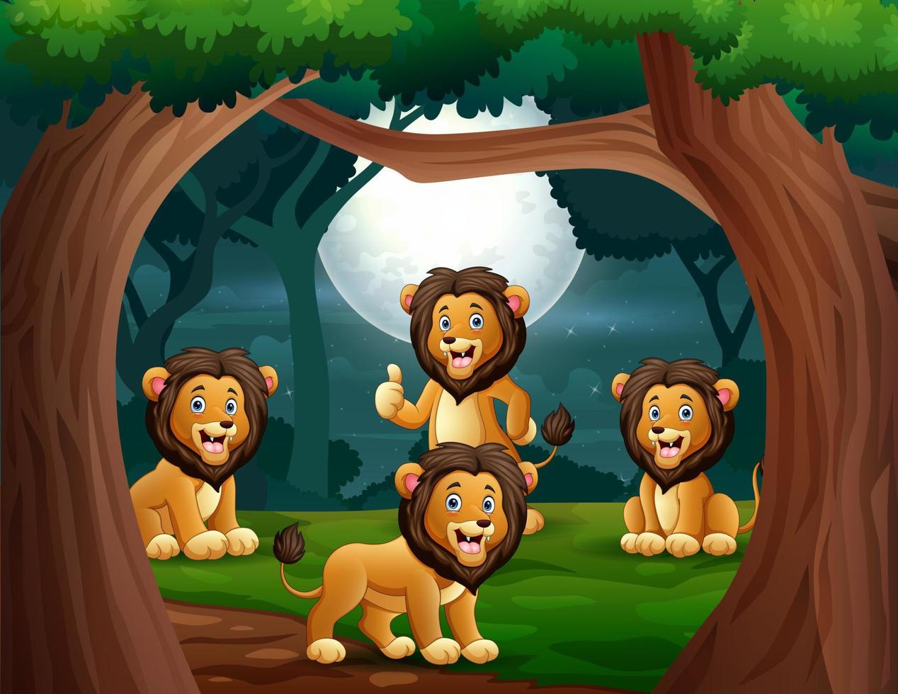 Group of lions in the jungle at night illustration vector