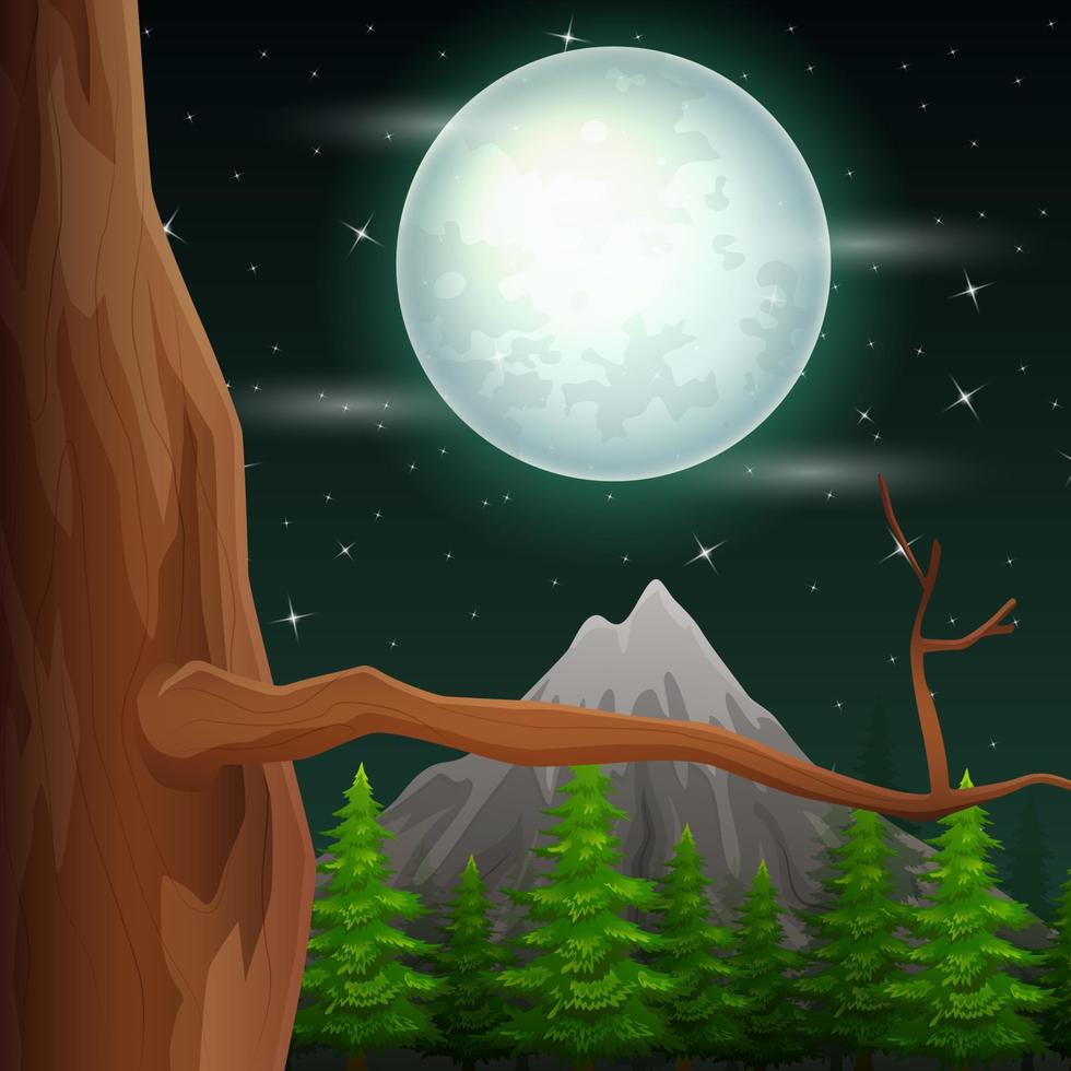 paisaje nocturno con árbol viejo y luna llena ilustración vector