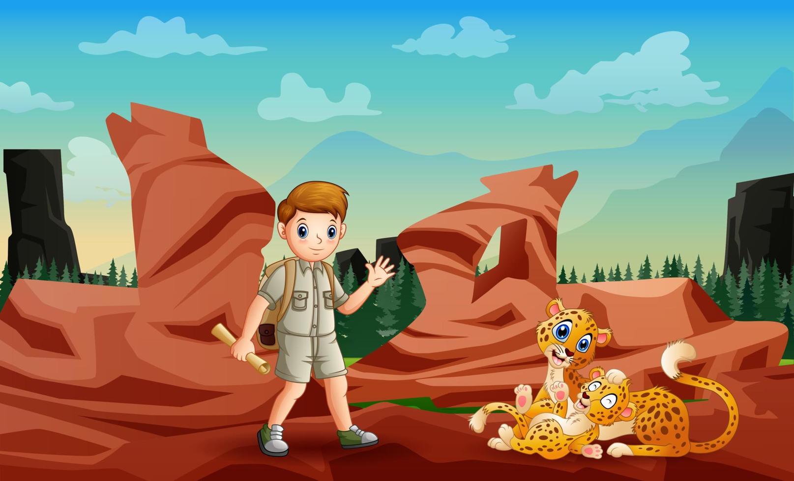 Hiker man with maps meets a mother cheetah with her cub vector