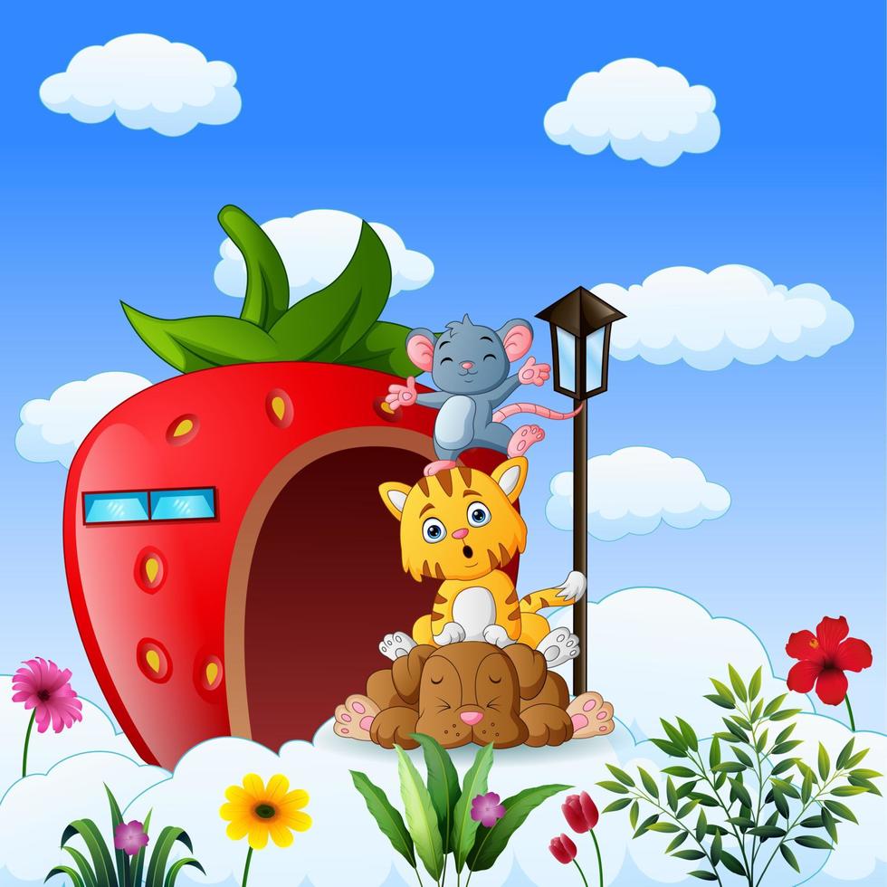 Cartoon of fantasy house with animals playing above the cloud vector