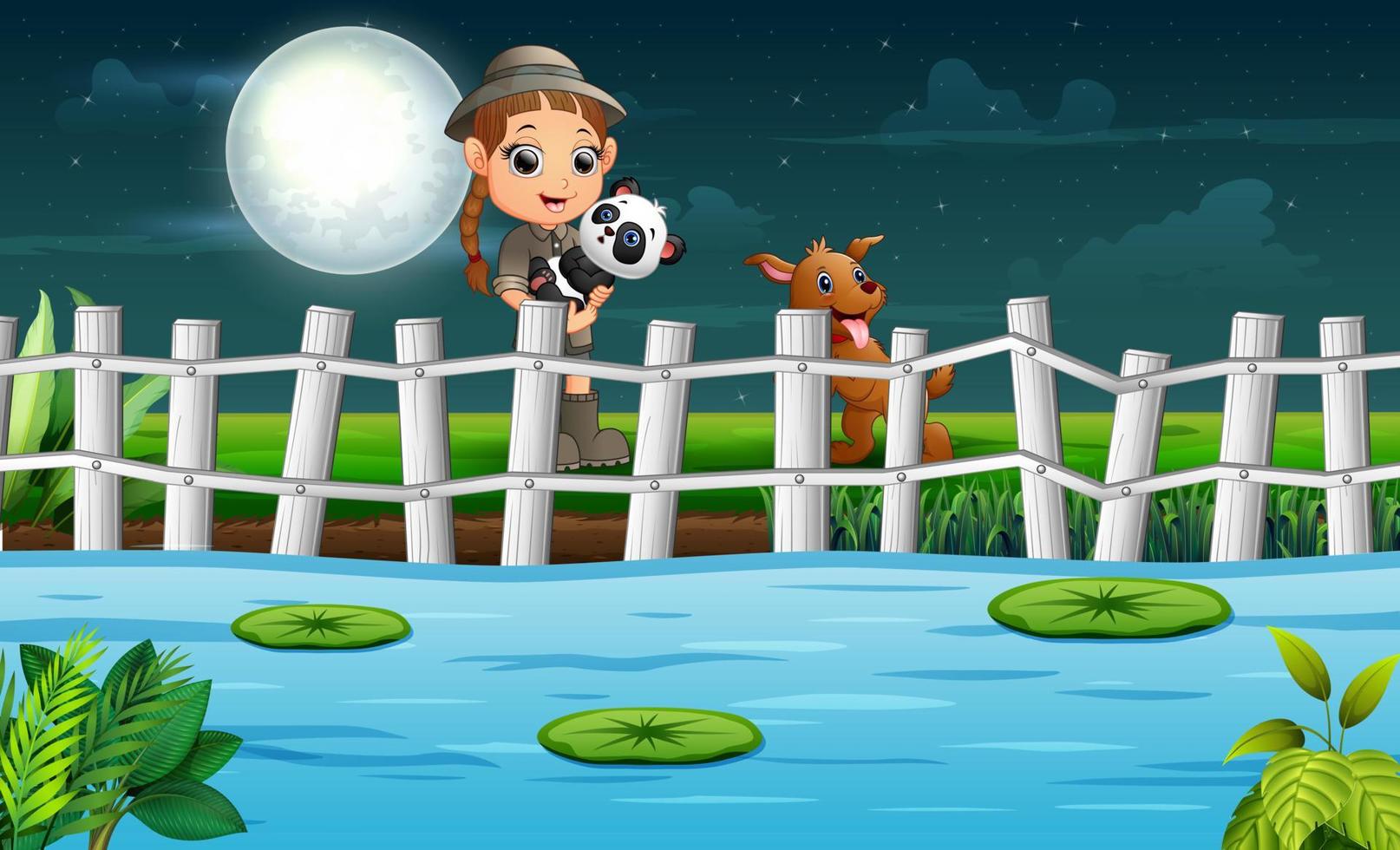 Smiling a safari girl with little panda and dog by the pond vector