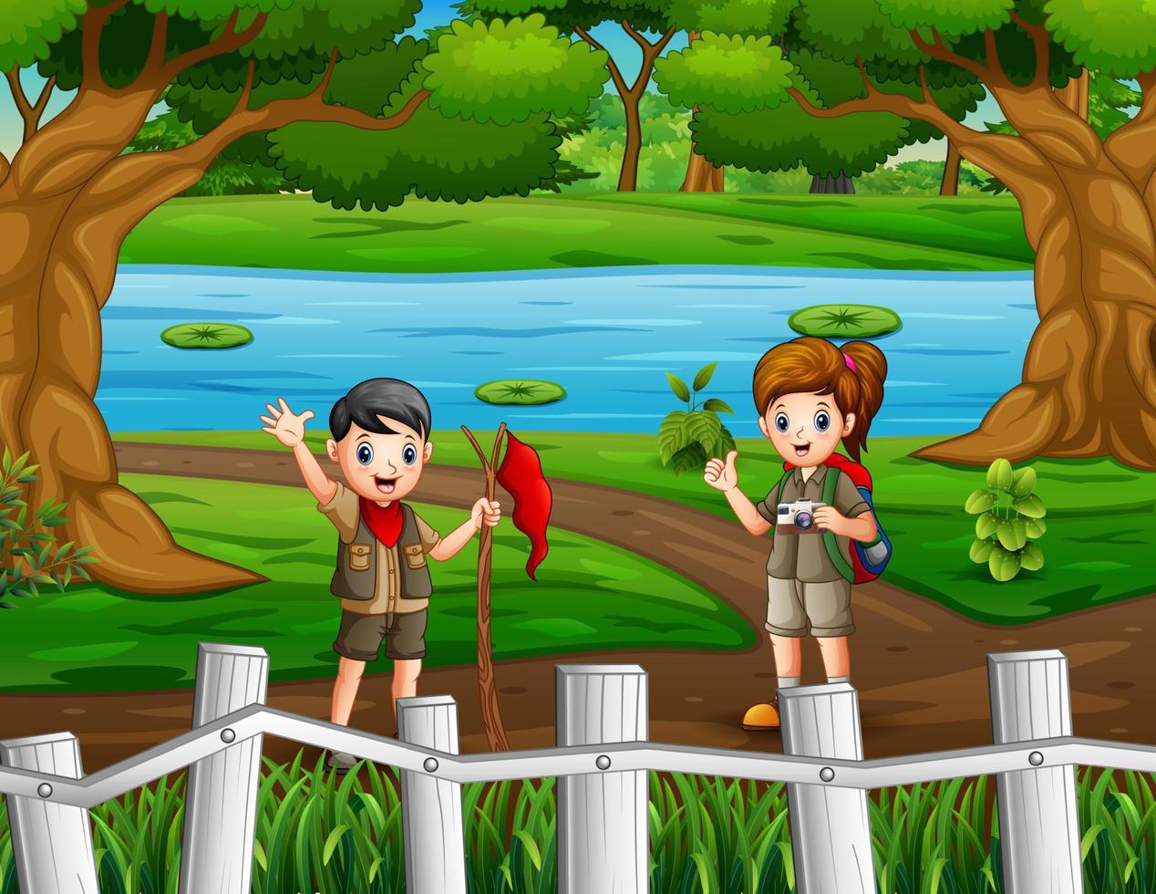 Illustration of scout boy and girl hiking through a dirt road in the forest vector