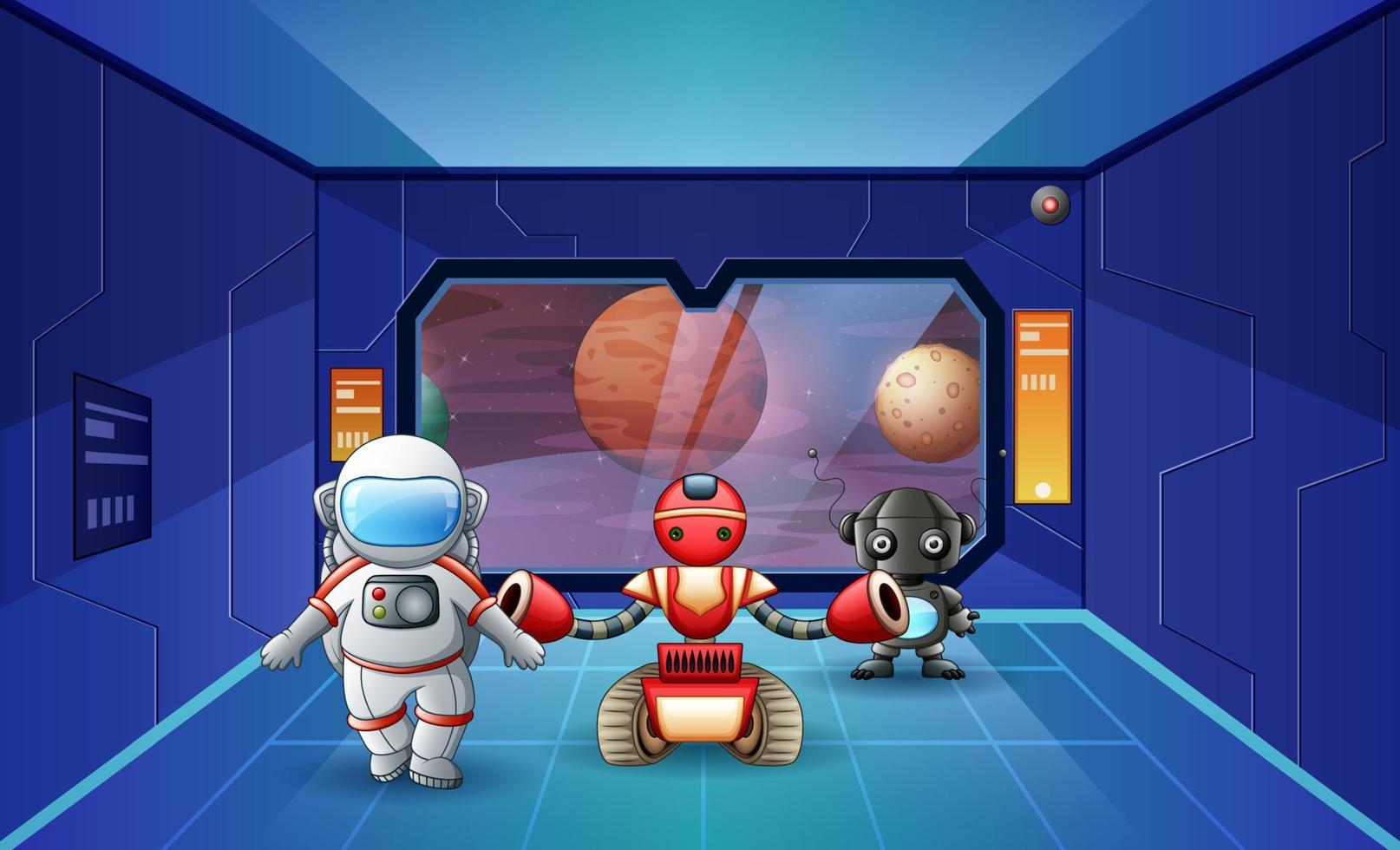 Illustration of astronaut and robots in the spaceship vector