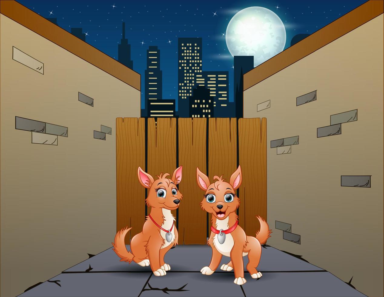 Cartoon two dogs in a small street alley at night vector