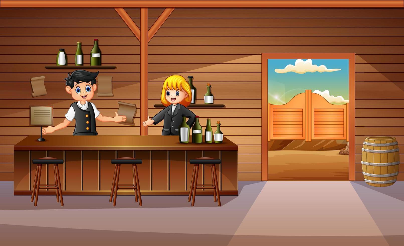 Western bar interior with bartenders behind counter illustration vector