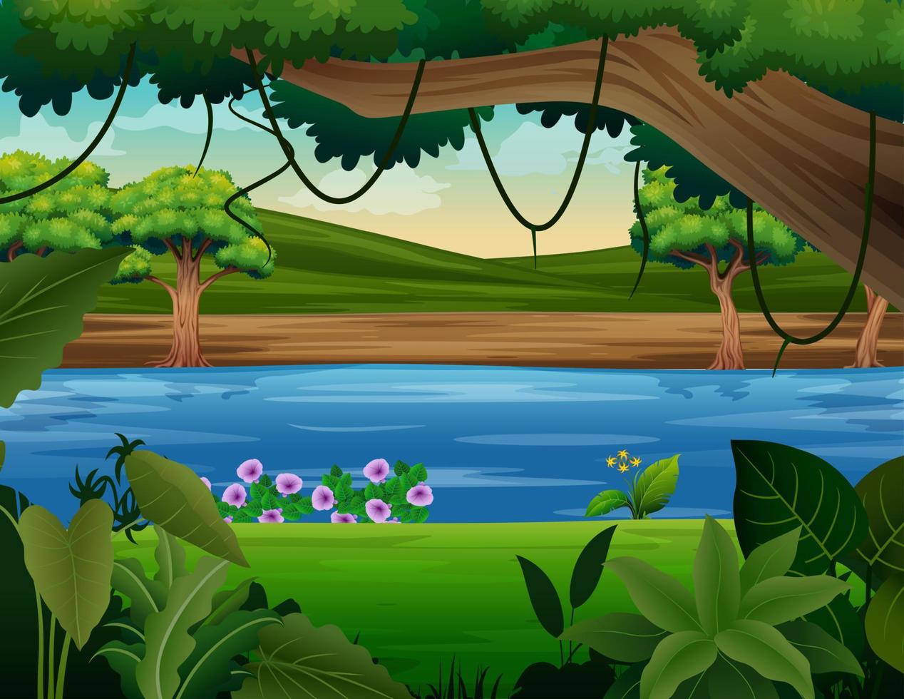 Background scene of forest with river and many trees illustration vector