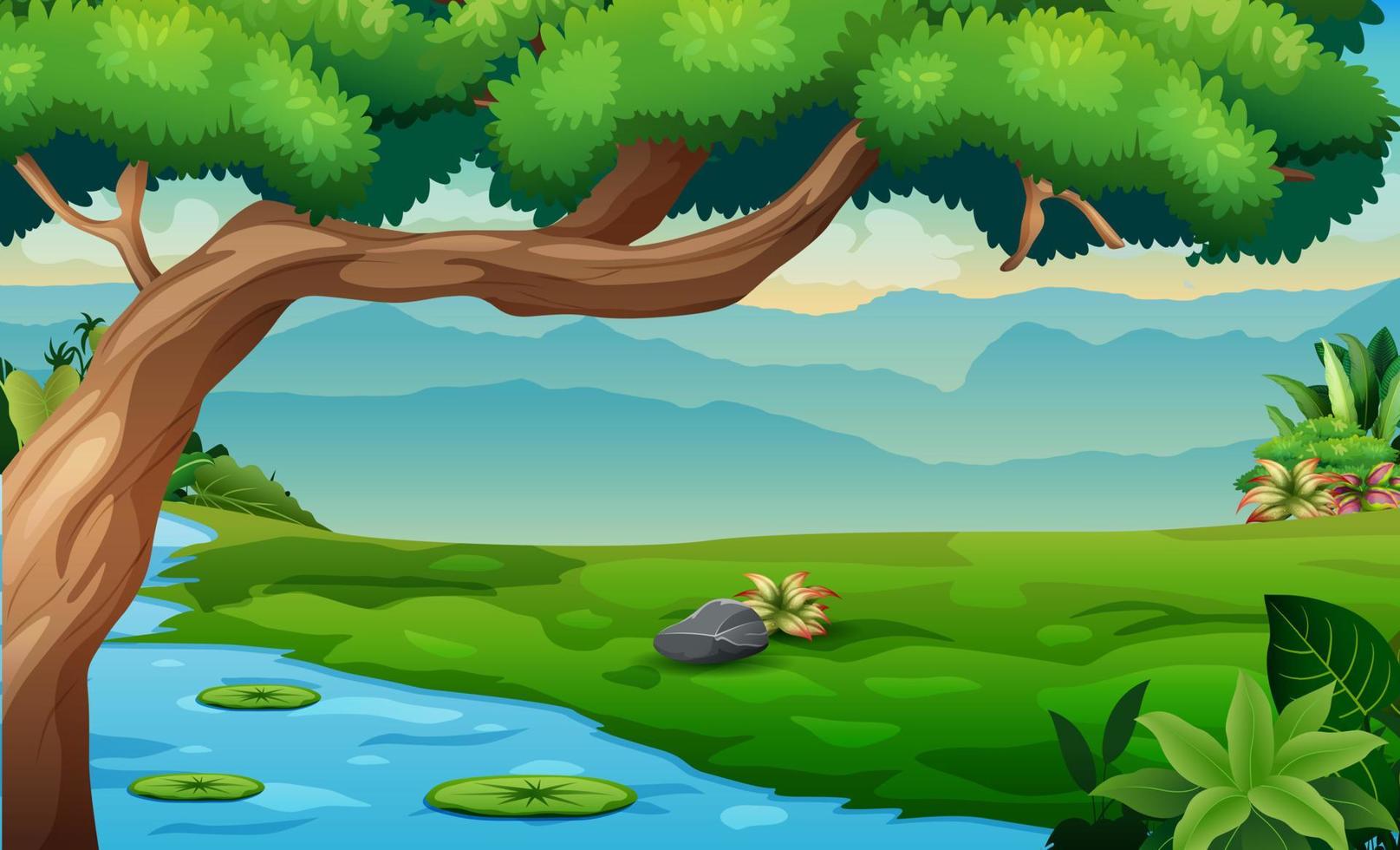 Nature forest landscape with river flowing through the meadow illustration vector