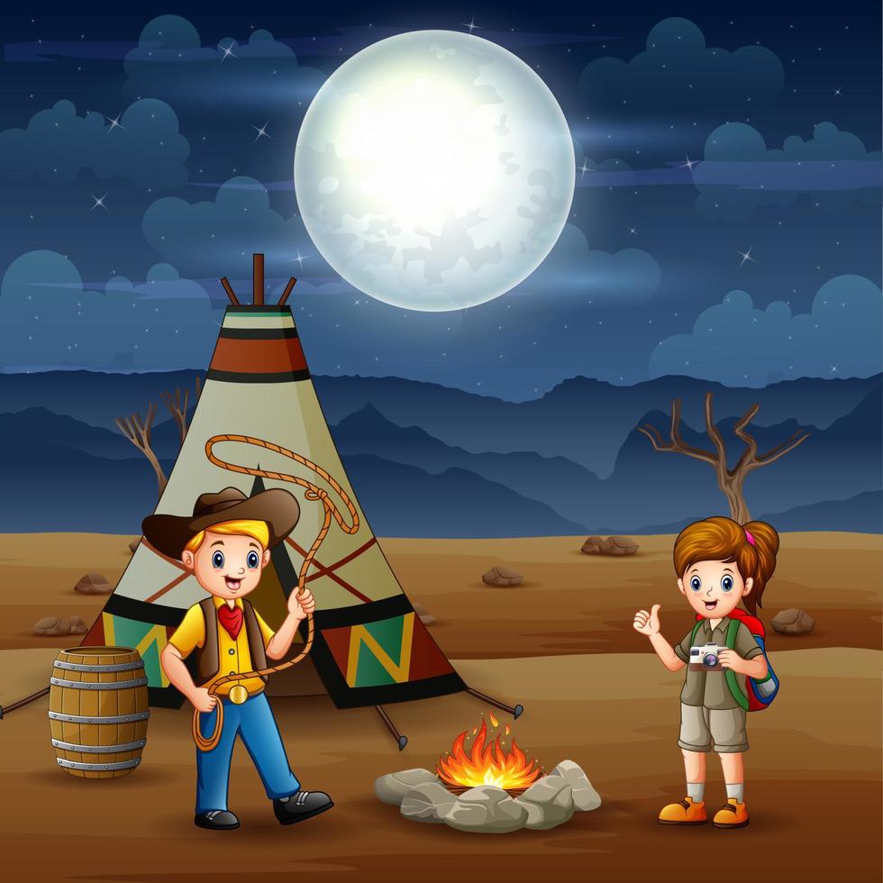 dibujos animados del niño y la niña exploradores acampando en el desierto vector