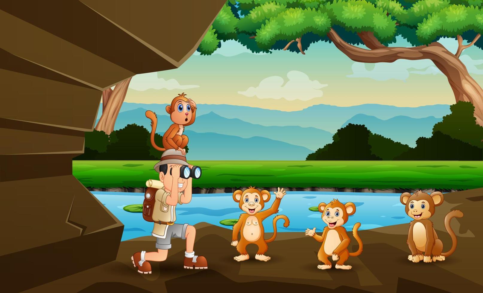 The adventurer boy with monkeys in the cave entrance illustration vector