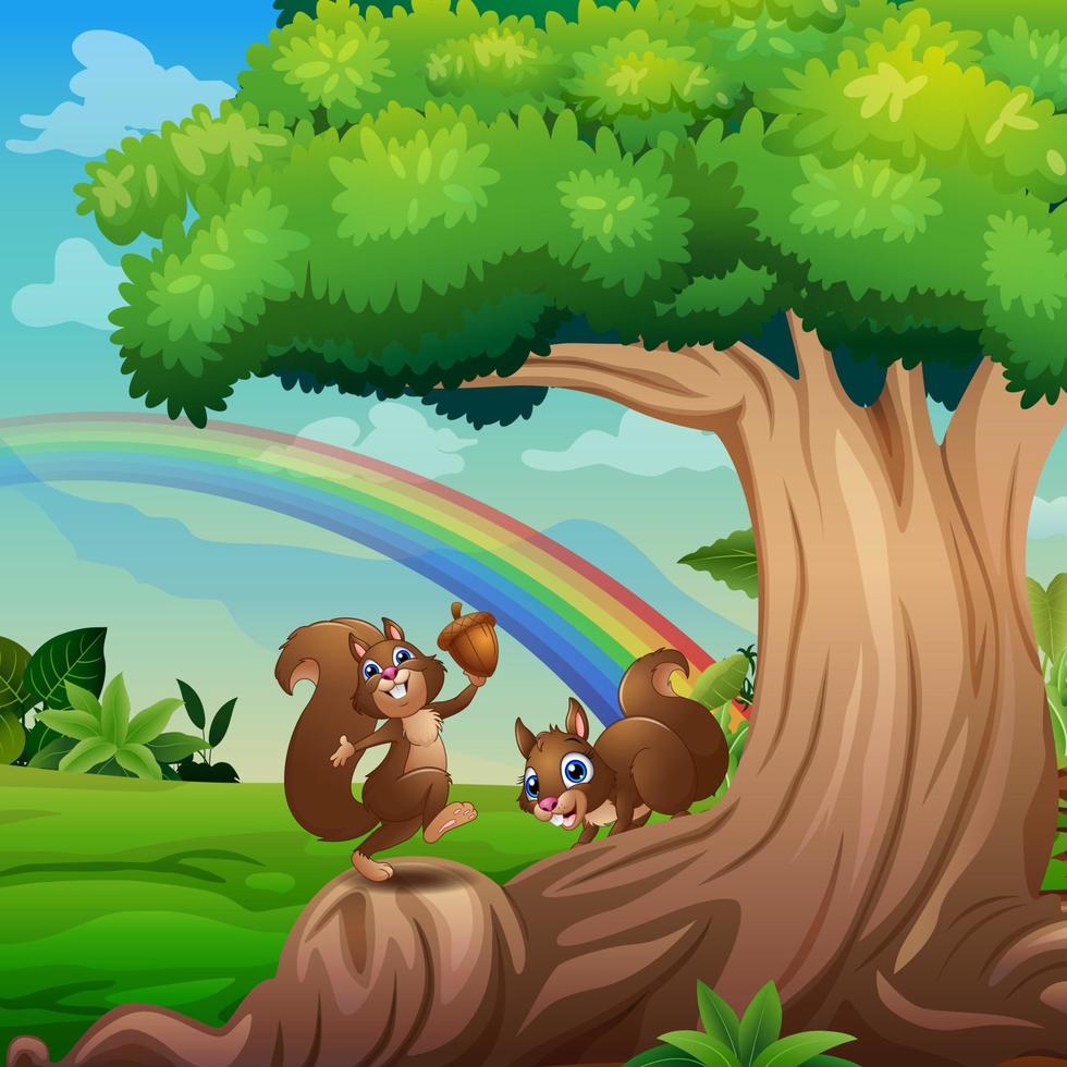 dibujos animados de ardillas felices jugando bajo el árbol vector