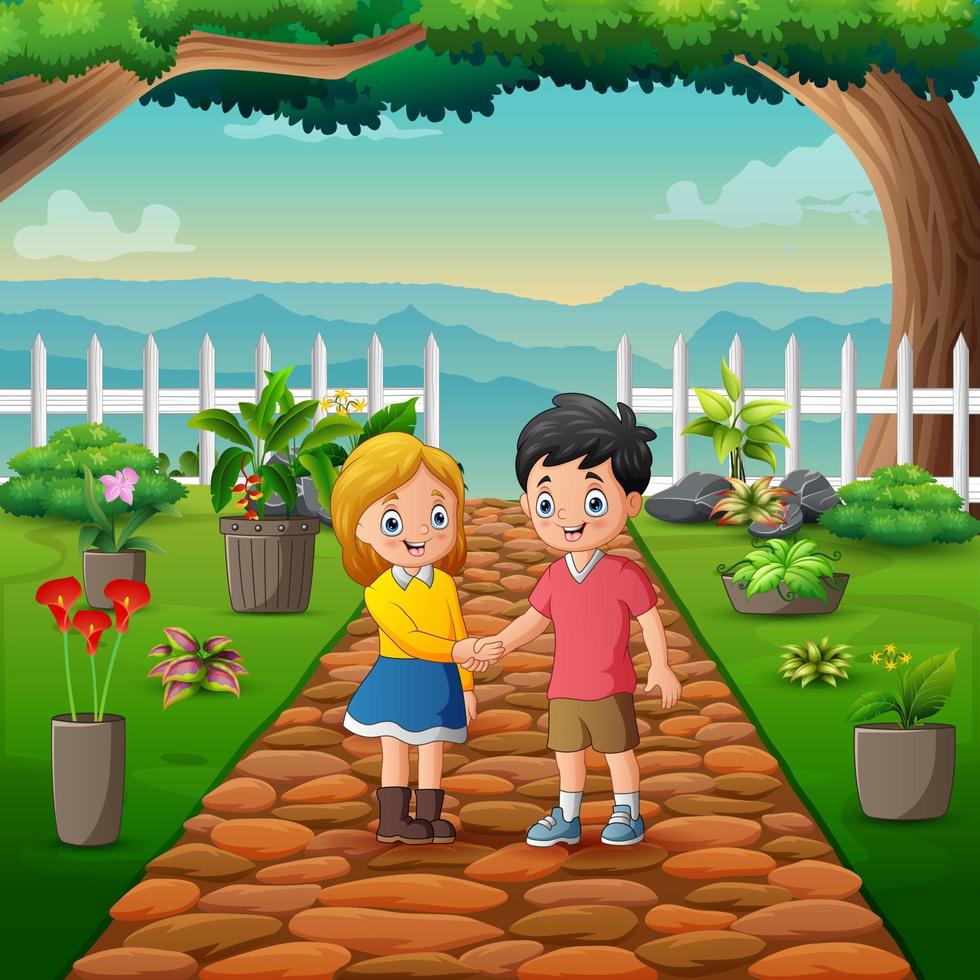 Cartoon two teenagers shaking hands on a park road illustration vector