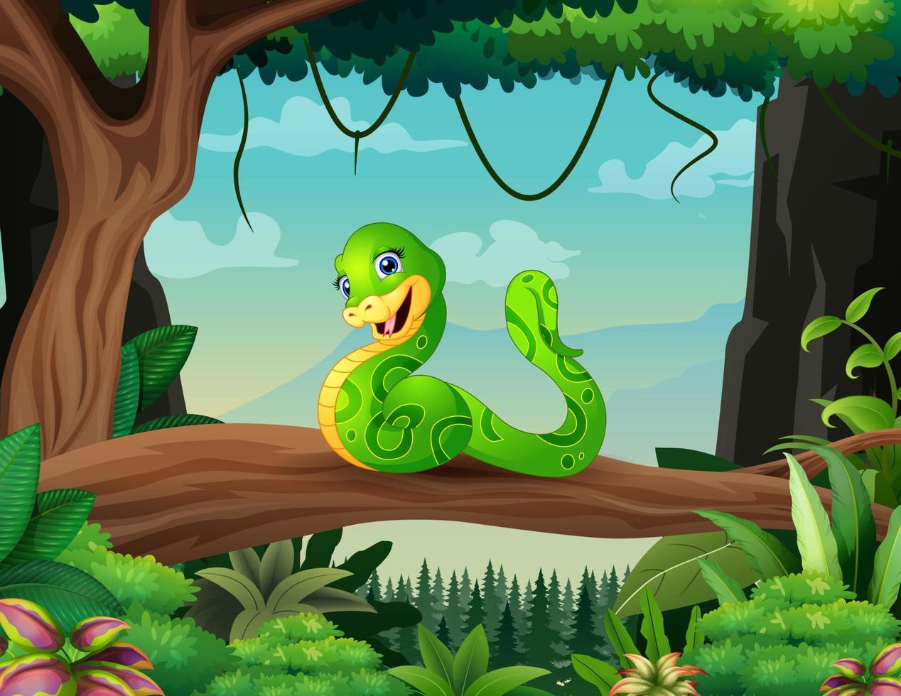 serpiente verde de dibujos animados en una ilustración de rama vector