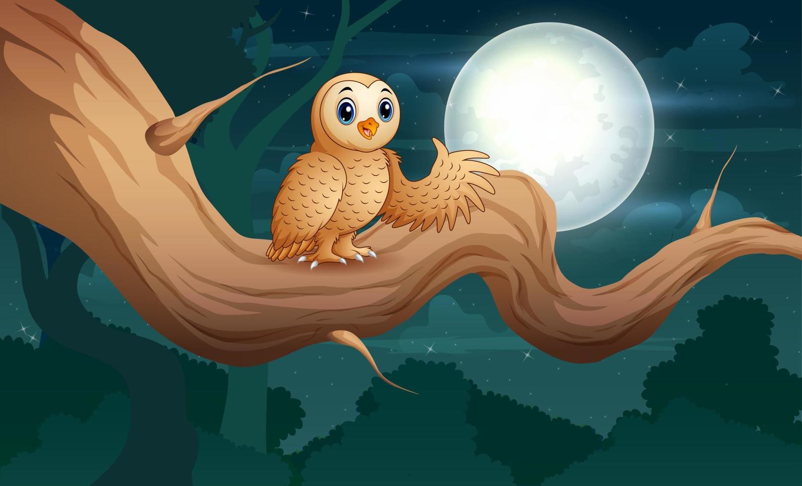 Owl sitting on tree branch at night illustration vector