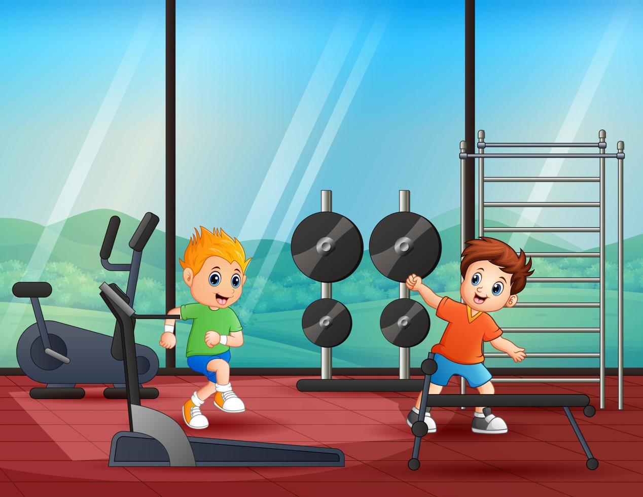 ilustración de dibujos animados de niños felices en el gimnasio vector