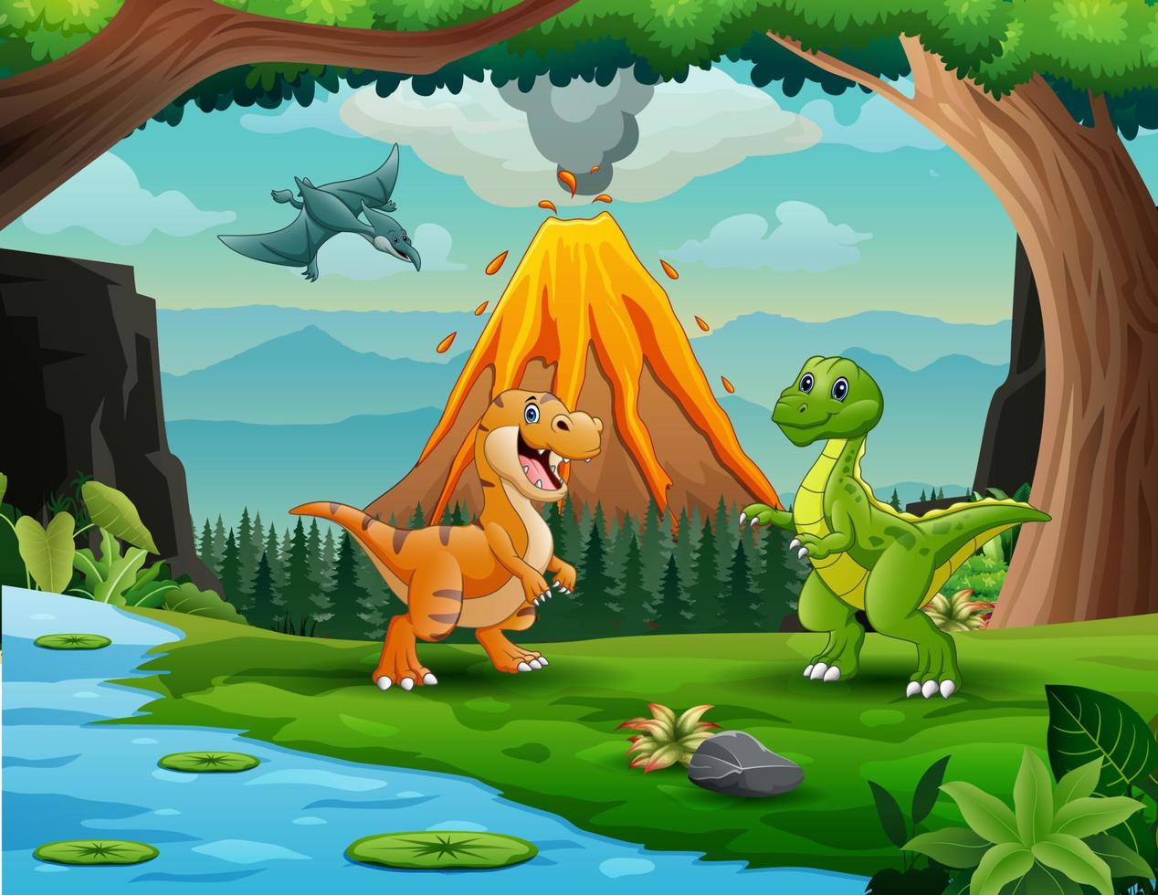 Dinosaurs at the jungle with volcanic eruption background vector