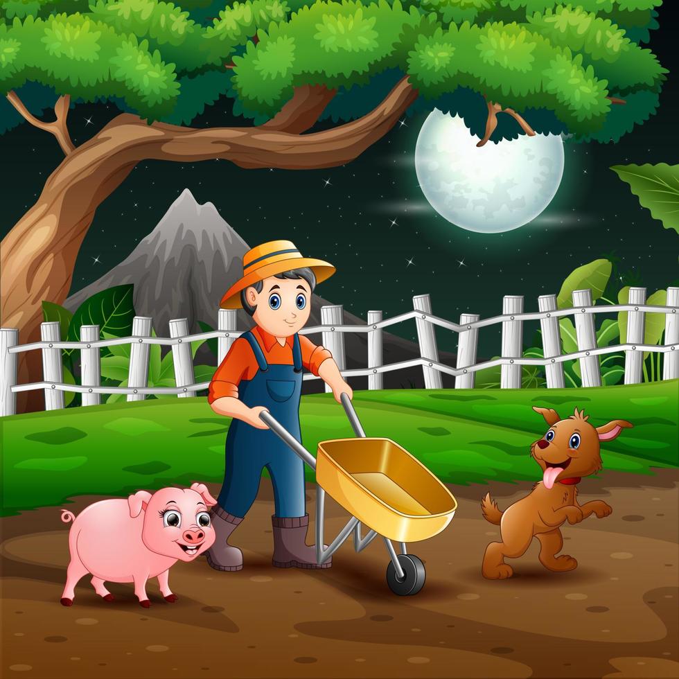 ilustración de un joven agricultor trabajando de noche vector