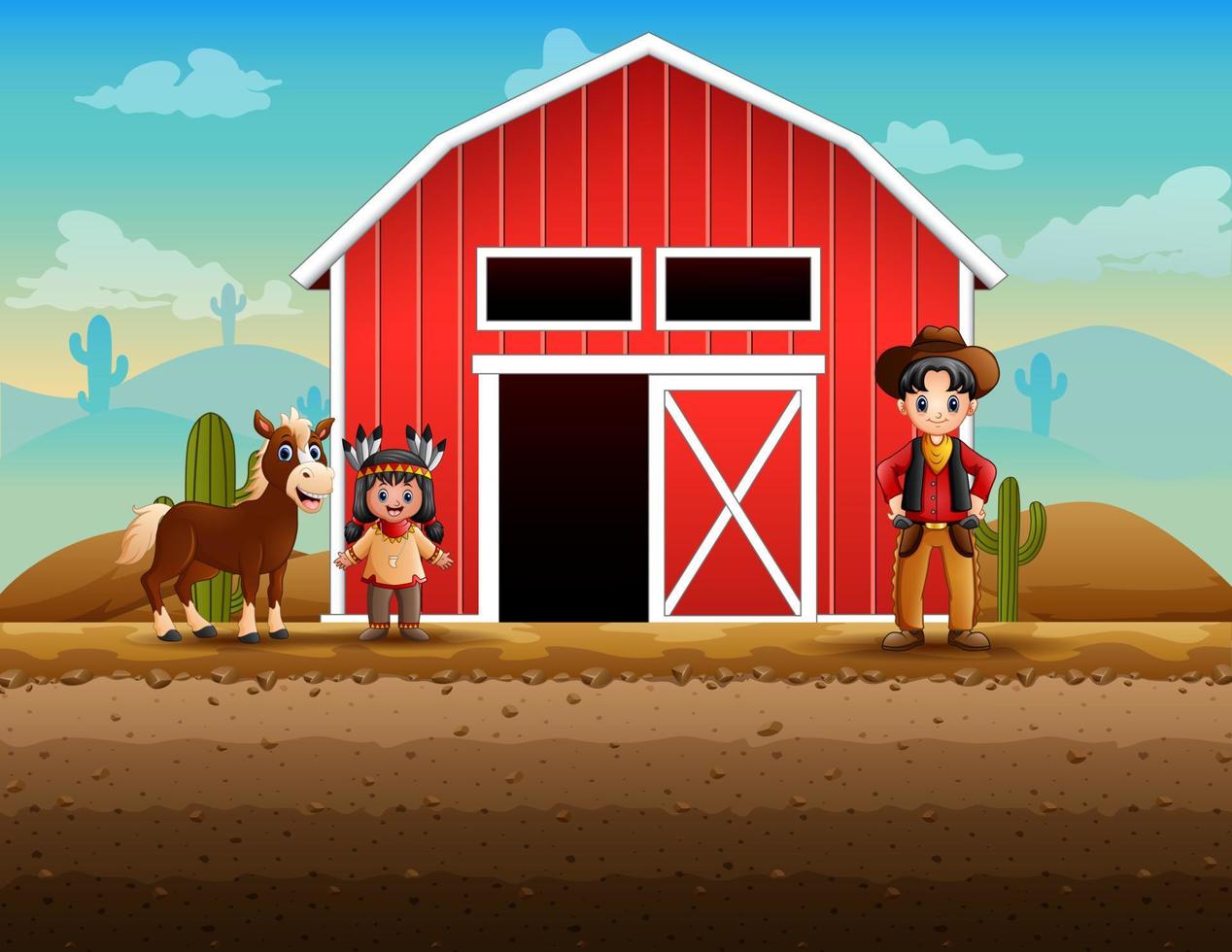 Illustration of a cowboy and native indian girl at the farm vector