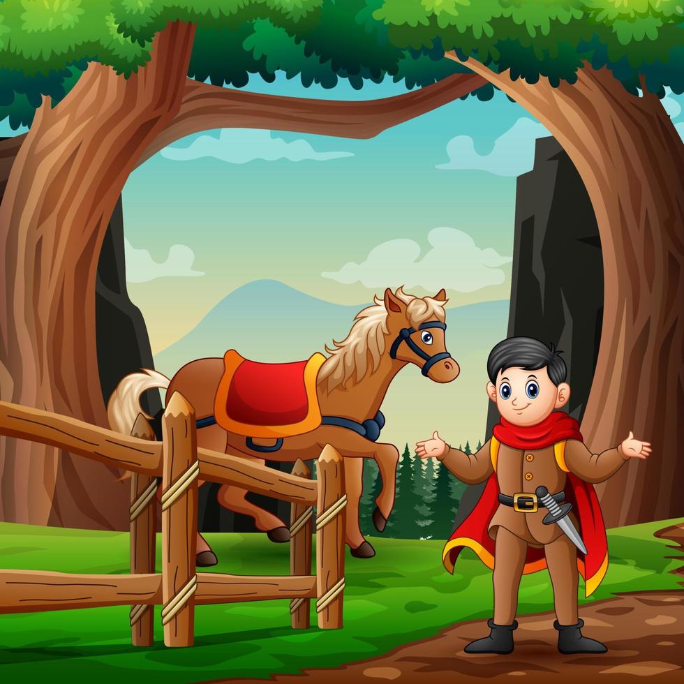 Cartoon a prince with his horse in the nature vector