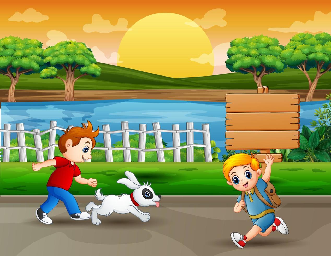 Cartoon the children running on the road vector