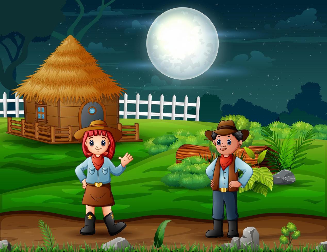 Cartoon a cowboy and cowgirl in the farm at night vector