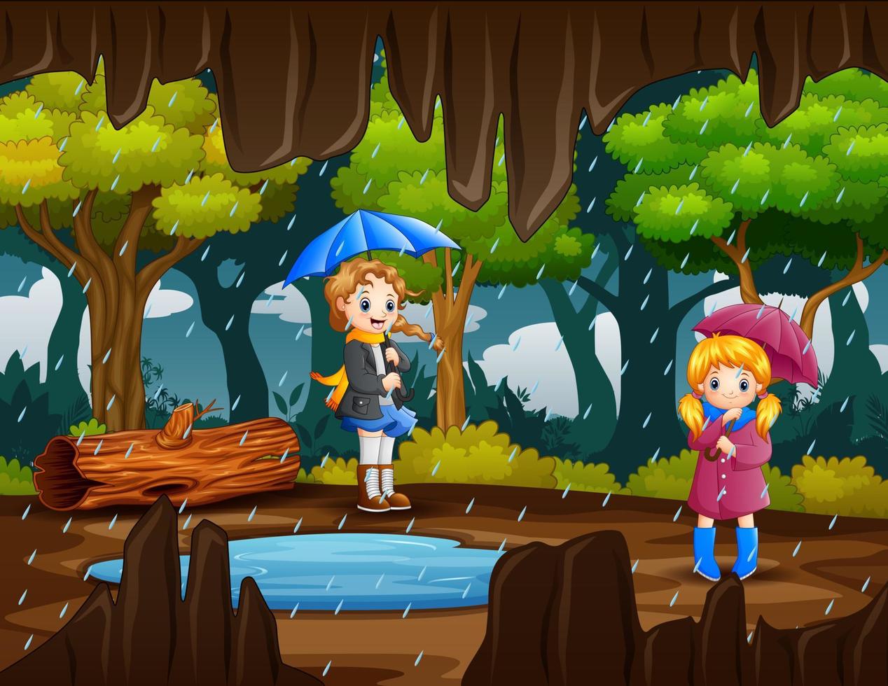 Cartoon two girls carrying umbrella under the rain in the forest vector