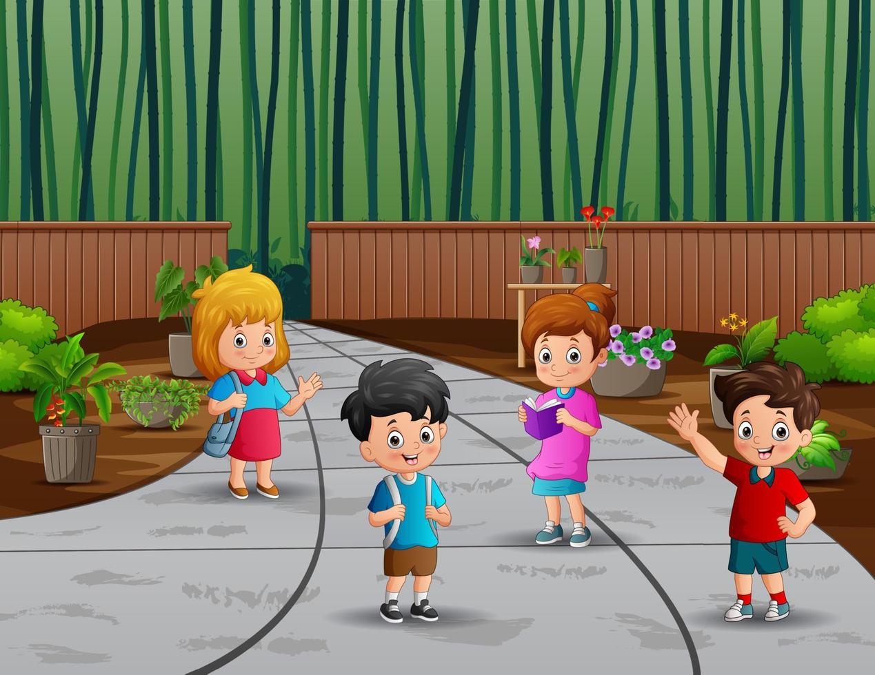 Cartoon school children walking through the park vector