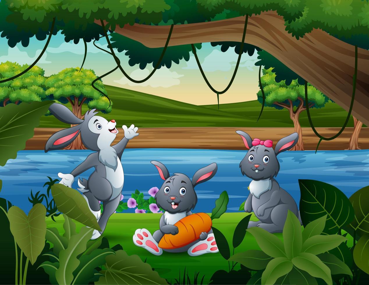 tres lindos conejitos junto al río ilustración vector