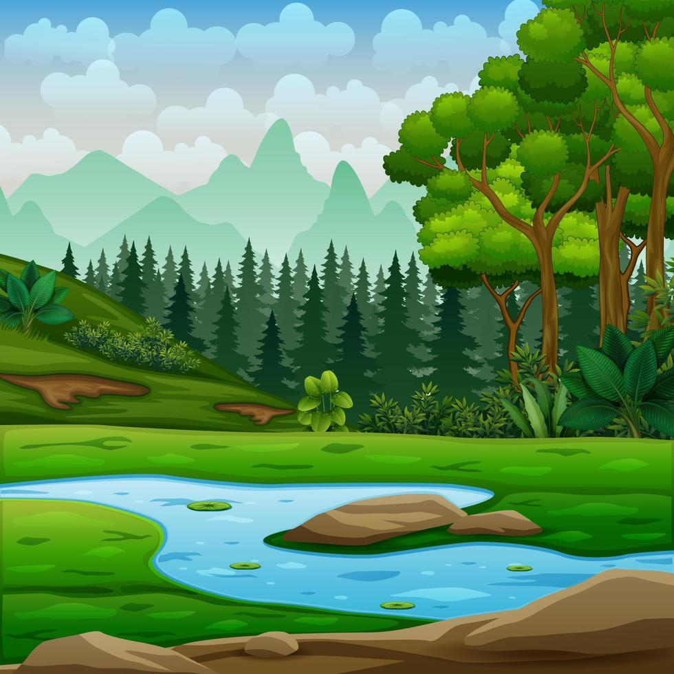 escena de fondo del bosque con río y muchos árboles ilustración vector