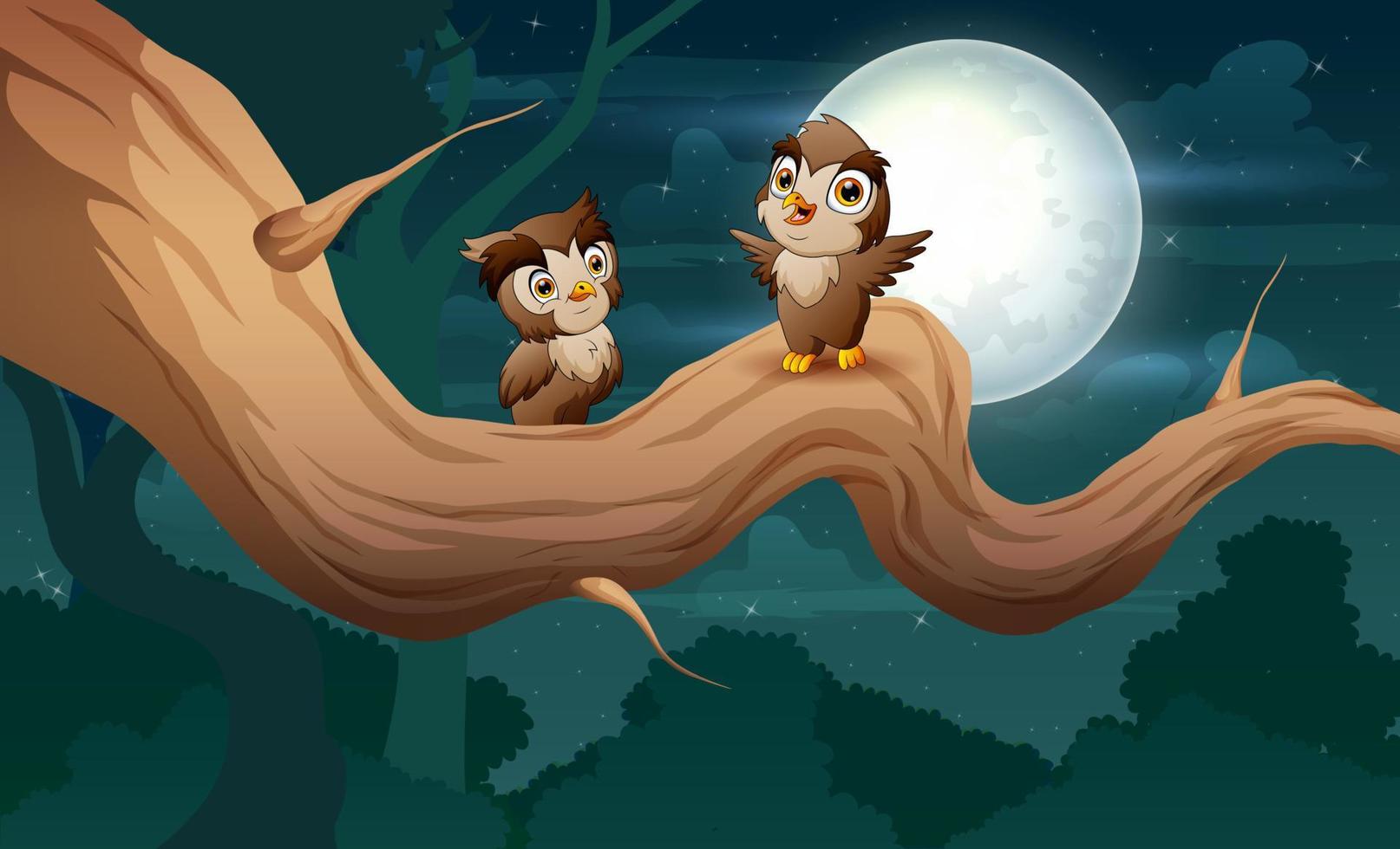 Cute two owls on tree branch at night illustration vector